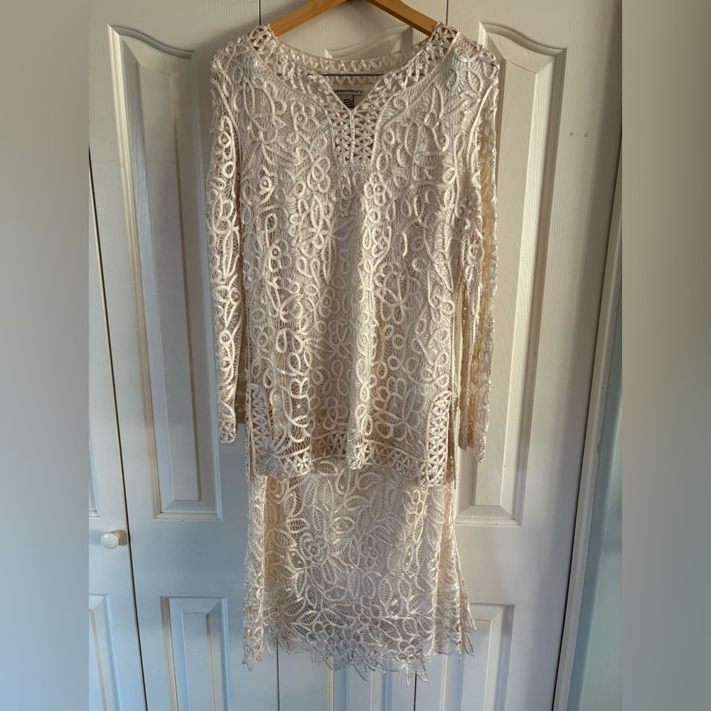 Silken Poetry Ivory Silk Crochet Beaded Long sleeve Blouse L Maxi Skirt XL